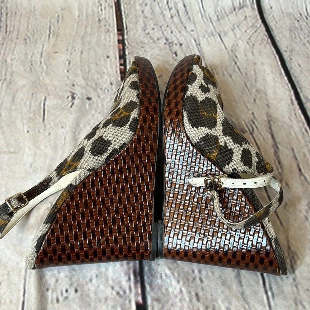 Via Spiga Brown Leopard Linen Leather Lining Slingback Wedge Sandals Size 6.5